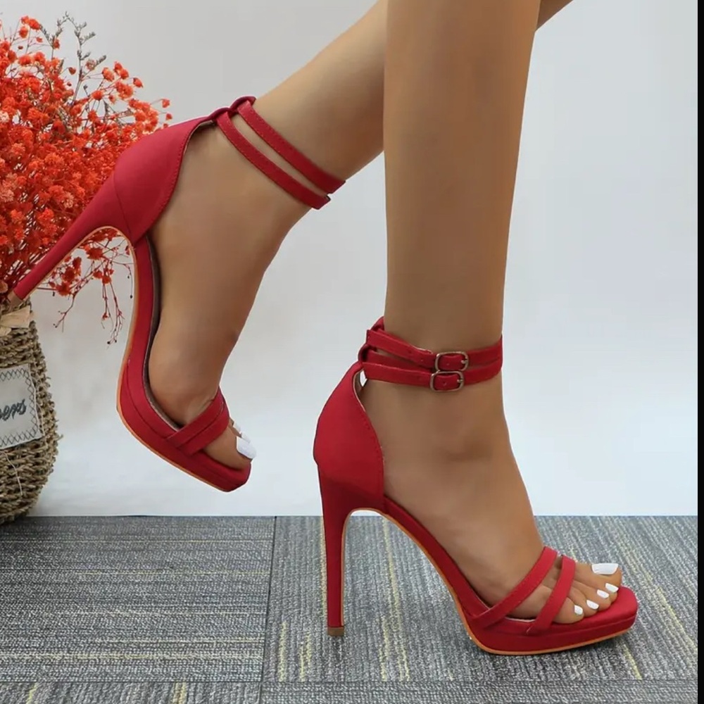 Vibrant Red High Heel Stilettos with Ankle Strap - Picture 9 of 10